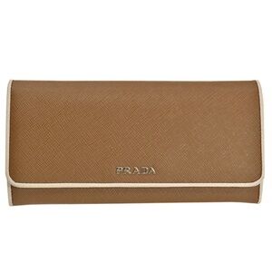 saffiano leather brown Prada bifold wallet | white line accent | crossbody chain